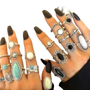 Boho Rings 24-piece Hippie Style Bohemian Ring Set Retro 70s Jewelry